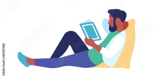 People read book. Man lying and reading, bibliophiles and book lover, getting knowledge at home, development and education, hobby for bookworm. Vector cartoon isolated illustration