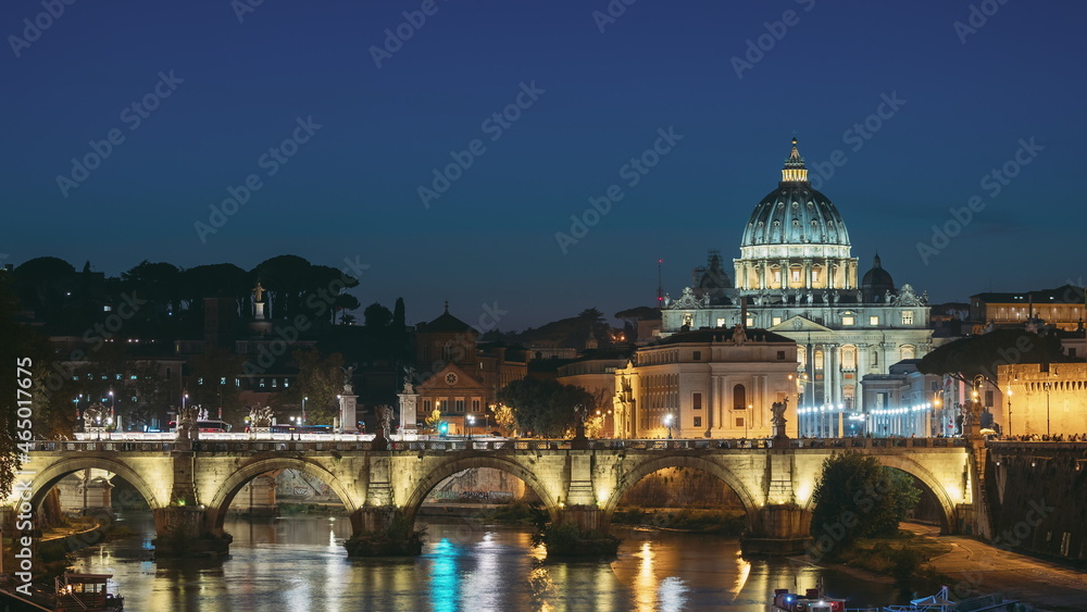 Vatican, Italy. Papal Basilica Of St. Peter In The Vatican And Aelian Bridge In Evening Night Illuminations. Day To NIght Time Lapse. Sunset Time