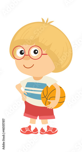 School kids. Back to school, happy boy in glasses hold basketball ball, sports lesson, play sport games, healthy lifestyle for children. Vector cartoon flat style isolated illustration