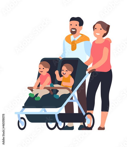 Happy family. Man and a woman with baby carriage, little twins walking with parents, mom and dad with boy and girl kids, parenthood concept, vector cartoon flat isolated illustration