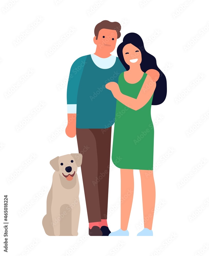 Happy family. Man and woman hugging, romantic couple smiling, cute wife and husband standing with dog. Simple characters with pet happiness together. Vector cartoon isolated illustration Happy family. Man and woman hugging, romantic couple smiling, cute wife and husband standing with dog. Simple characters with pet happiness together. Vector cartoon isolated illustration