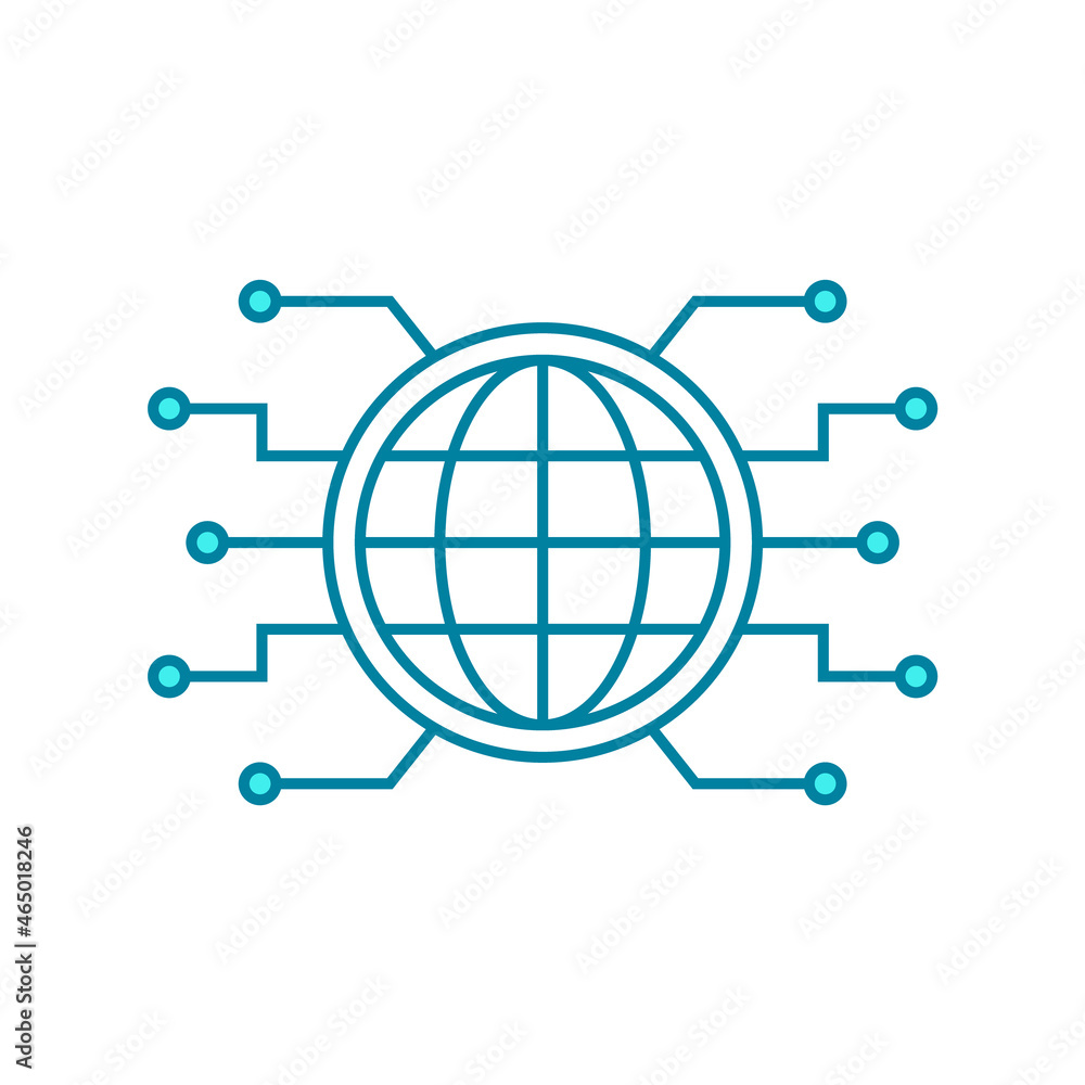 Global network line icon. Blue globe with circuit board components. Communication and connections concept. Web technology symbol. Digital planet Earth. 4.0 industry. Vector illustration, flat,clip art Global network line icon. Blue globe with circuit board components. Communication and connections concept. Web technology symbol. Digital planet Earth. 4.0 industry. Vector illustration, flat,clip art
