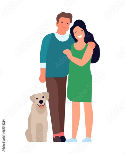 Happy family. Man and woman hugging, romantic couple smiling, cute wife and husband standing with dog. Simple characters with pet happiness together. Vector cartoon isolated illustration