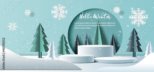 Winter sale product banner, 
podium platform with geometric shapes and snowflakes background, paper illustration, and 3d paper.