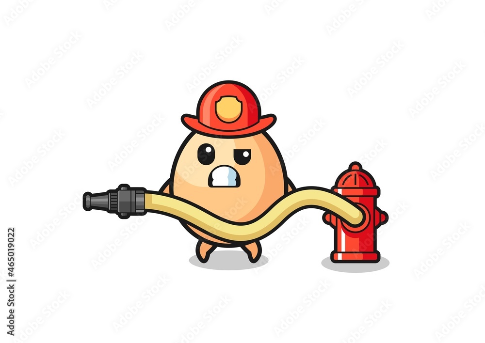 Naklejka premium egg cartoon as firefighter mascot with water hose