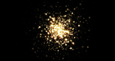Explosion of gold particles lights, background with golden magic bokeh glitter. Sparkling dust with glow shine effect, shine, shimmer of glitter sparks on black