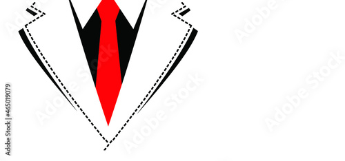 Close up of businessman or gentleman and red necktie. Funny vector tie costume banner. Cartoon dress code party. Fathers or father's day Happy men's day Macho mens clothing .Tuxedo man in bow tie.