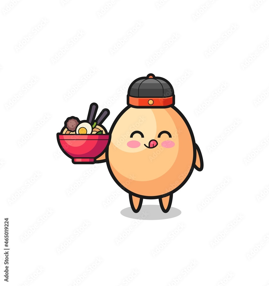 egg as Chinese chef mascot holding a noodle bowl egg as Chinese chef mascot holding a noodle bowl