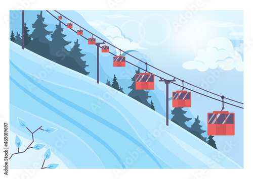 Winter landscape. Frozen river, mountain and forest scenery. Beautiful wild