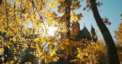 Zakoziel or Zakoziele, Drahichyn District, Belarus. Old Neo-Gothic chapel-tomb of the clan Orzeszko In Autumn Sunny Day. Set, Bunch. photo