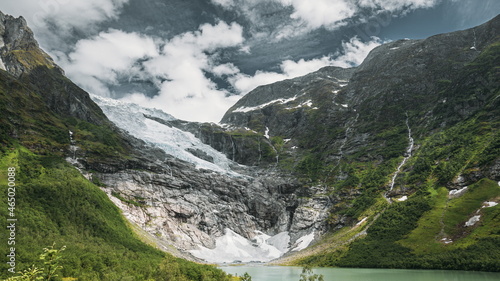 Jostedalsbreen National Park, Sogn Og Fjordane County, Norway. Boyabreen Glacier In Spring Sunny Day. Famous Norwegian Landmark And Popular Destination. 4K © Grigory Bruev