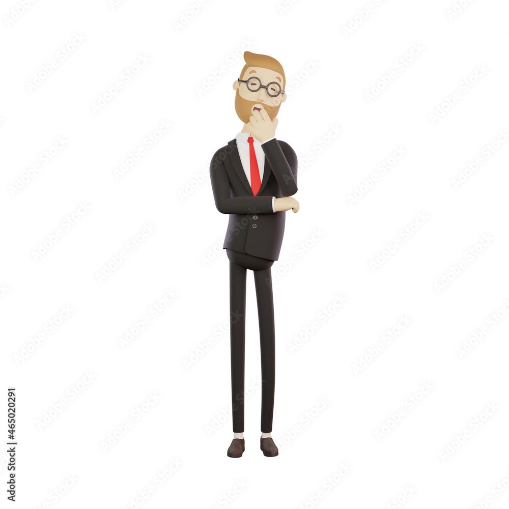 Businessman in glasses yawns, bored at work, isolated on white background, 3d illustration Businessman in glasses yawns, bored at work, isolated on white background, 3d illustration