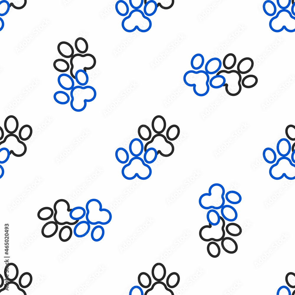Line Paw print icon isolated seamless pattern on white background. Dog or cat paw print. Animal track. Colorful outline concept. Vector