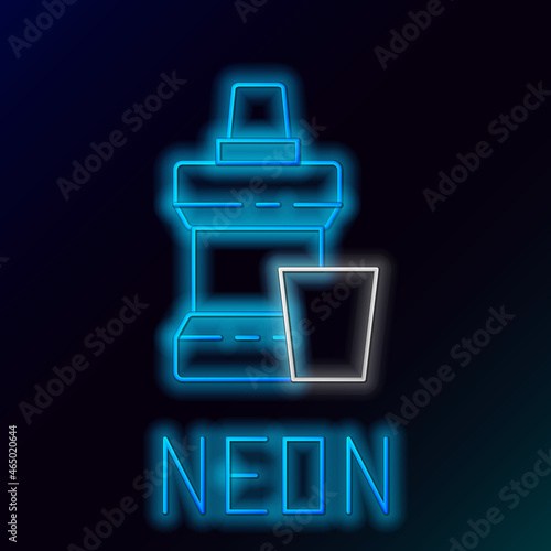 Glowing neon line Mouthwash plastic bottle and glass icon isolated on black background. Liquid for rinsing mouth. Oralcare equipment. Colorful outline concept. Vector