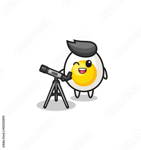 boiled egg astronomer mascot with a modern telescope