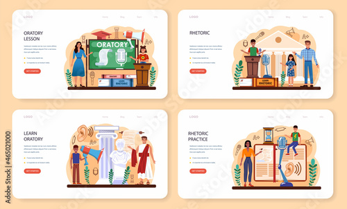 Rhetoric class web banner or landing page set. Students training public