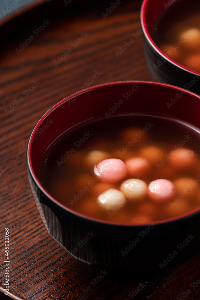 Red and white tangyuan with syrup soup. Red and white tangyuan with syrup soup.