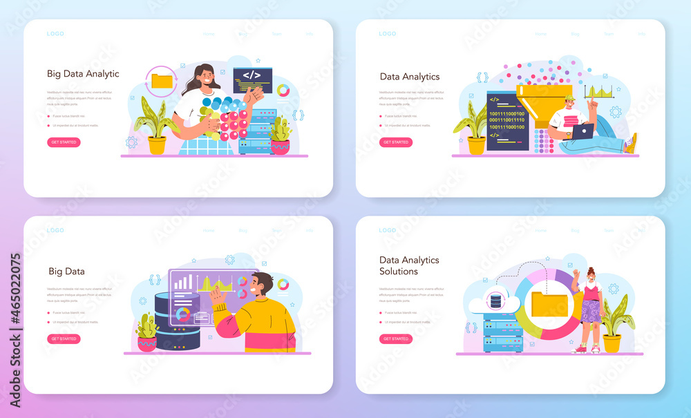 Big data analytics web banner or landing page set. Big data from different