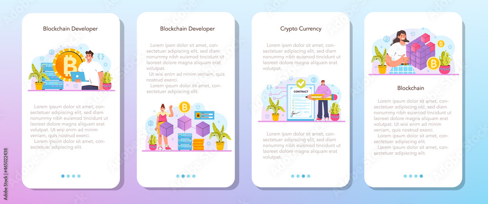 Blockchain developer mobile application banner set. Blockchain-based Blockchain developer mobile application banner set. Blockchain-based