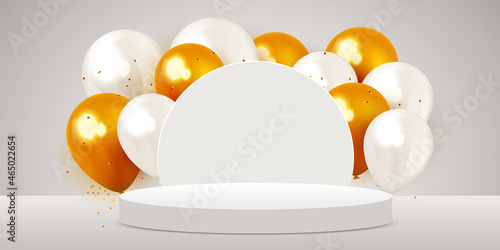 Scene podium with golden balloons. Product presentation, mock up. Podium, winner pedestal or platform.