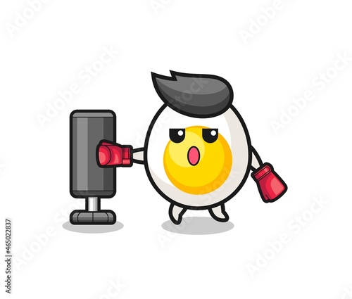 boiled egg boxer cartoon doing training with punching bag