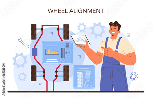 Car tire service. Worker changing a tire of a car. Alignment
