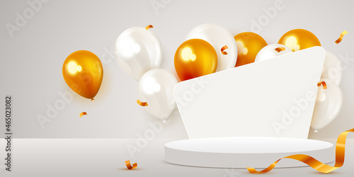 Scene podium with golden balloons. Product presentation, mock up. Podium, winner pedestal or platform.