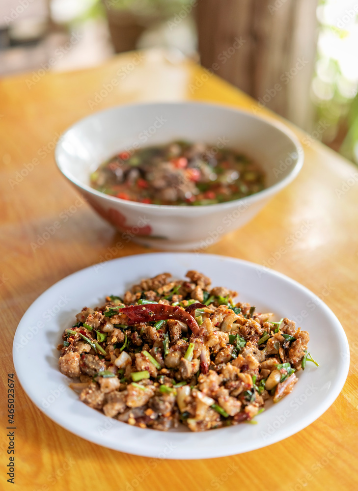spicy minced meat with mixed vegetables on dish spicy minced meat with mixed vegetables on dish