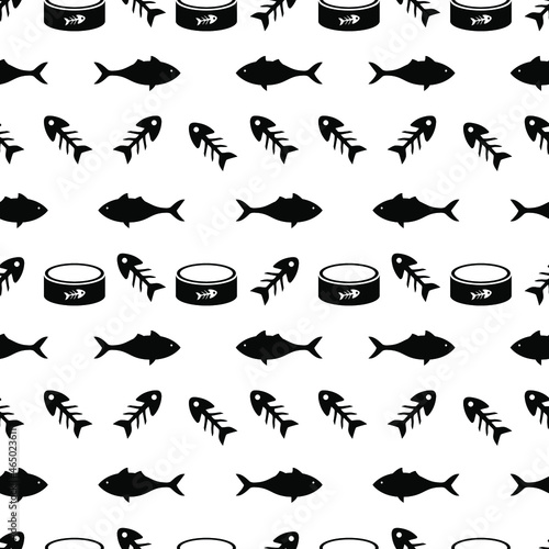 Seamless vector pattern with cat food. Vector pattern of fish and food bowls. Animal print for textiles. Silhouettes of fish skeletons and pet food.
