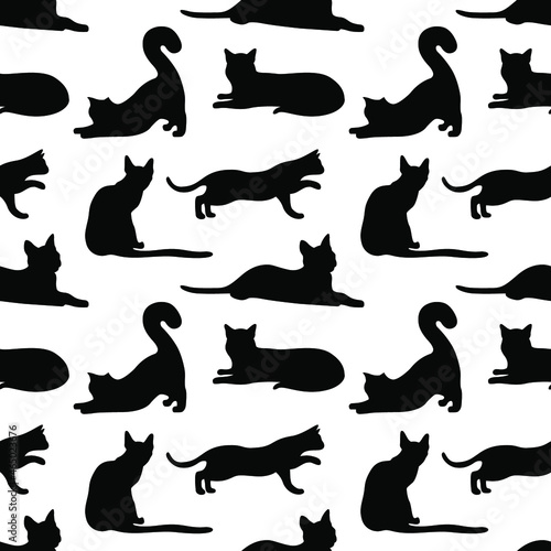 Seamless vector pattern with cats. Cats in different poses and paws. Pattern pets. Children's pattern with cats.