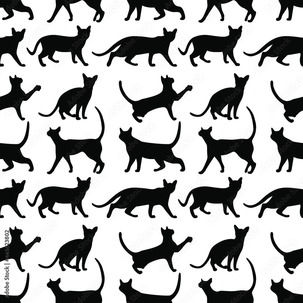 Vector illustration of cats in different poses. Animal print for pet store. Pet print. Pattern of silhouettes of cats from different angles.