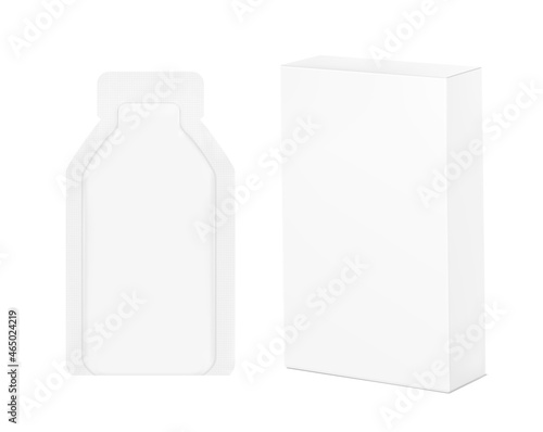 Gel sachet with box mockup. Vector illustration isolated on white background. Easy to use for food, medical, cosmetic and etc. EPS10.	