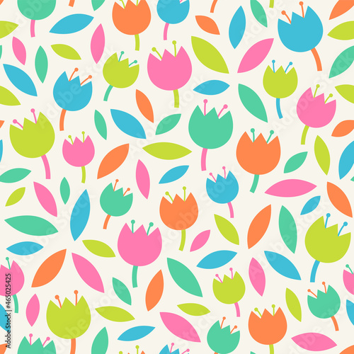Cute hand drawn tulip with leaf seamless pattern background.