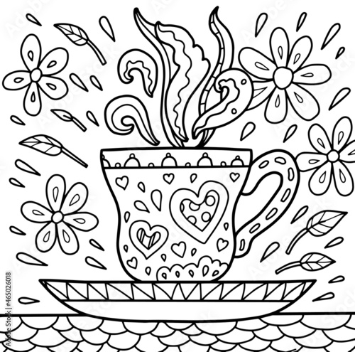 Tea coffee cup drink chamomile cosiness hygge flower herbal sweethome homesweethome tasty scent fragrance lined doodle coloring book page black and white background art therapy relax psychology lace 