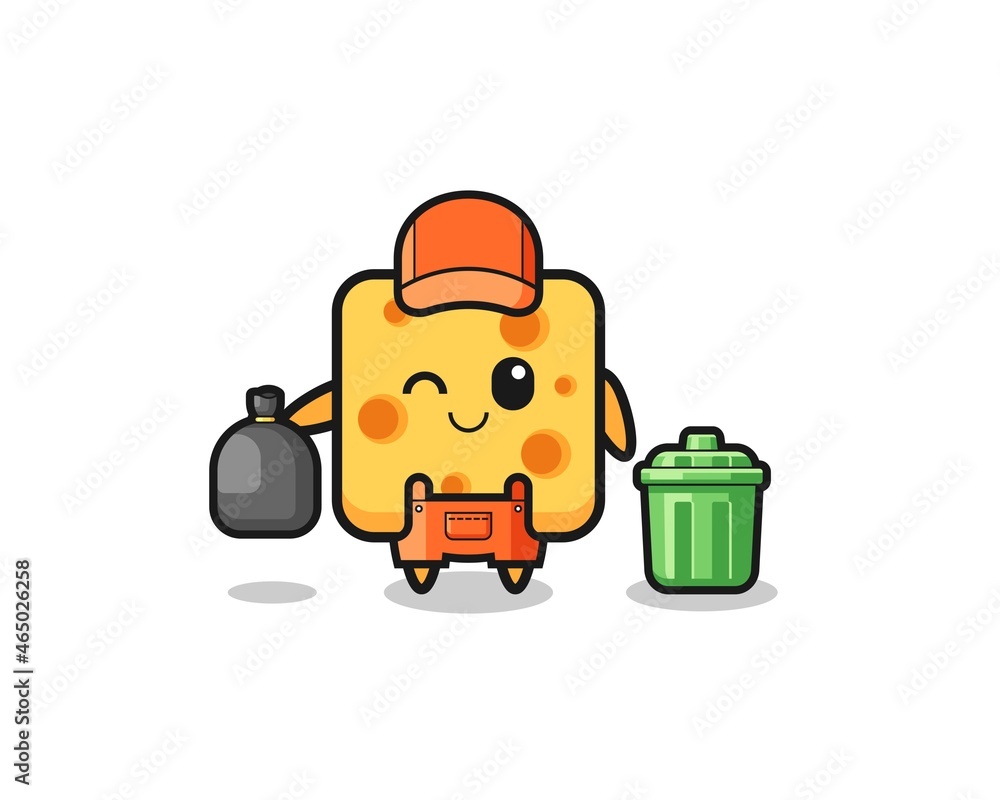 the mascot of cute cheese as garbage collector