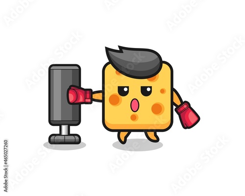 cheese boxer cartoon doing training with punching bag