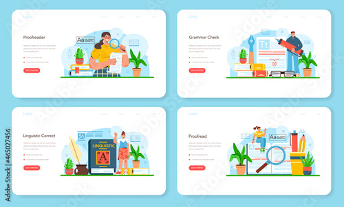 Proofreader web banner or landing page set. Printing house technology process
