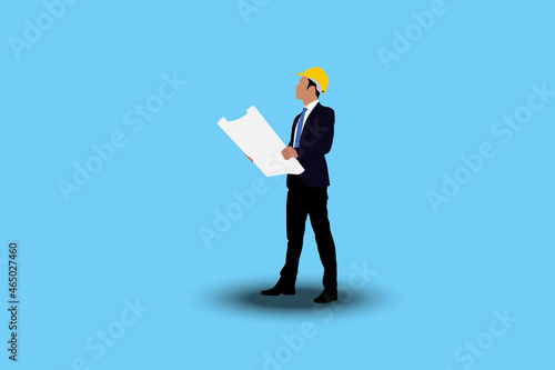 Vector illustration of engineers man holding a blueprints cartoon character on blue background