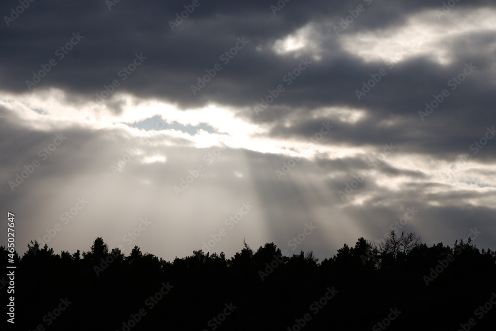 Opening in the clouds with sun rays shining through with silhouette of the top of the spruce trees 