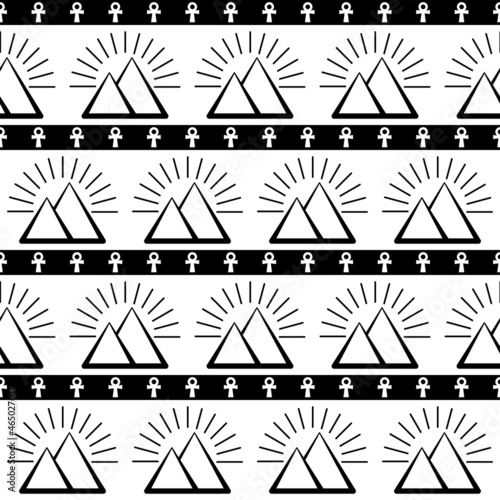 Seamless vector monochrome background with pyramid and ankh. Egyptian pattern in black and white colors