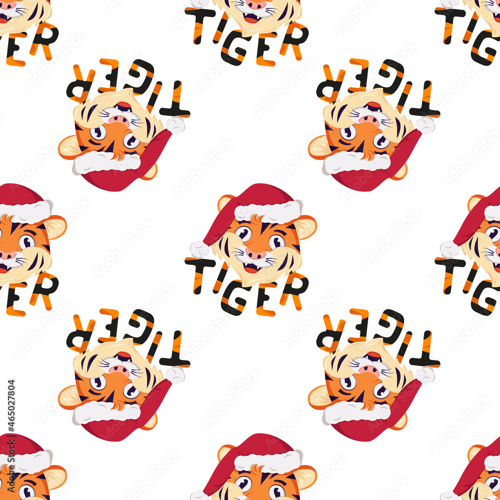 Fototapeta premium Seamless pattern with happy tiger, symbol of New Year in red Christmas Santa hat. Print for holiday decoration with orange striped lettering