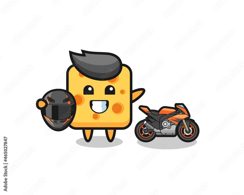 cute cheese cartoon as a motorcycle racer