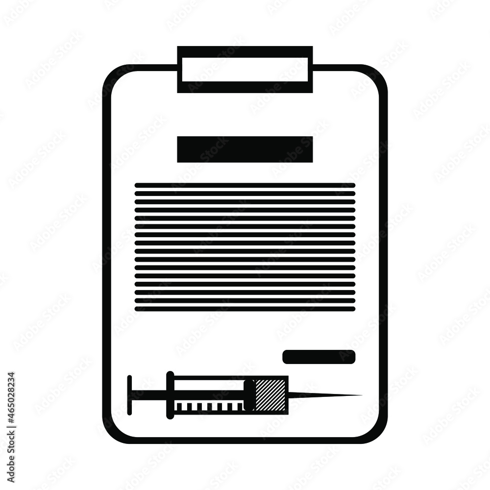 Questionnaire and syringe, black sign for design on white, vector illustration Questionnaire and syringe, black sign for design on white, vector illustration