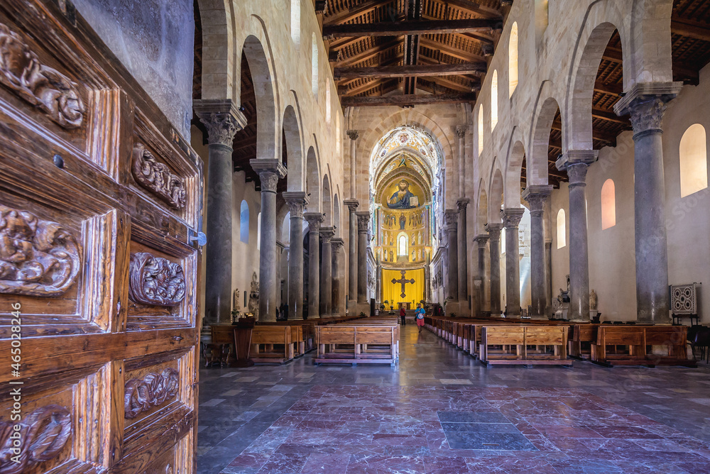Interior of Transfiguration Cathedral in historic part of Cefalu town on Sicily Island, Italy