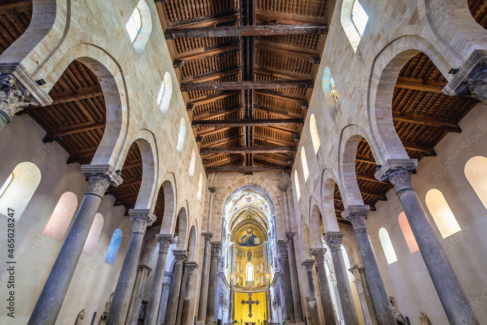 Main nave of Transfiguration Cathedral in historic part of Cefalu town on Sicily Island, Italy Main nave of Transfiguration Cathedral in historic part of Cefalu town on Sicily Island, Italy