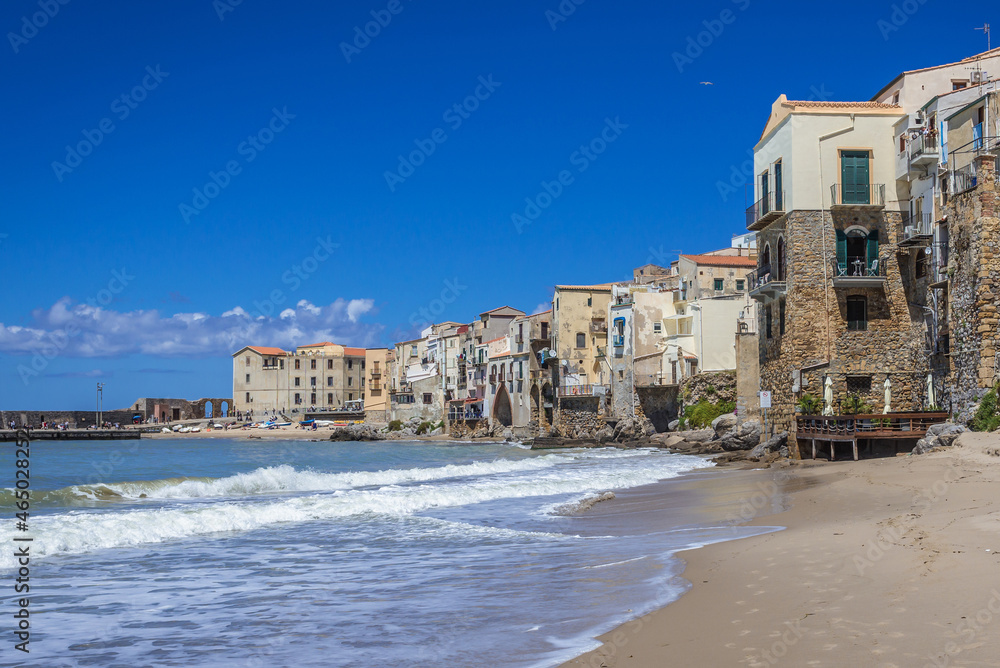 Beach in historic part of Cefalu town on Sicily Island, Italy