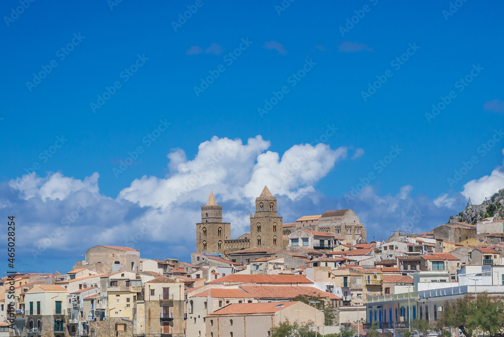 Cefalu town on Sicily Island, view with cathedral towers, Italy
