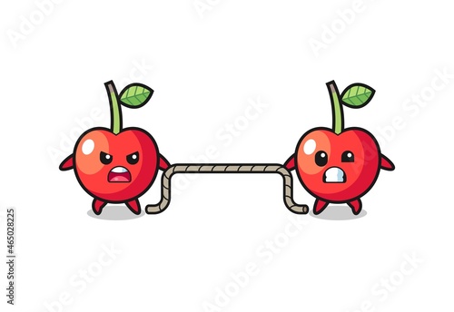 cute cherry character is playing tug of war game