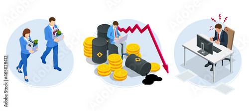 Isometric global finance crisis concept. Global economy crash. Unemployment, jobless and employee job reduction metaphor.