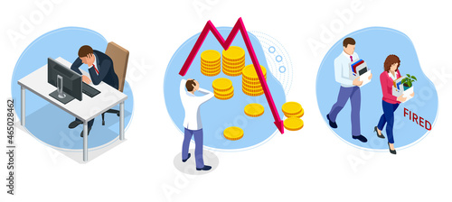 Isometric global finance crisis concept. Global economy crash. Unemployment, jobless and employee job reduction metaphor.